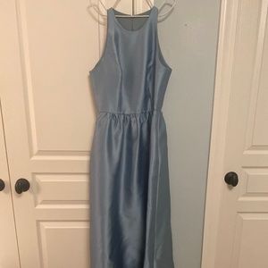 Alfred Sung full length sleeveless smoke blue bridesmaid dress